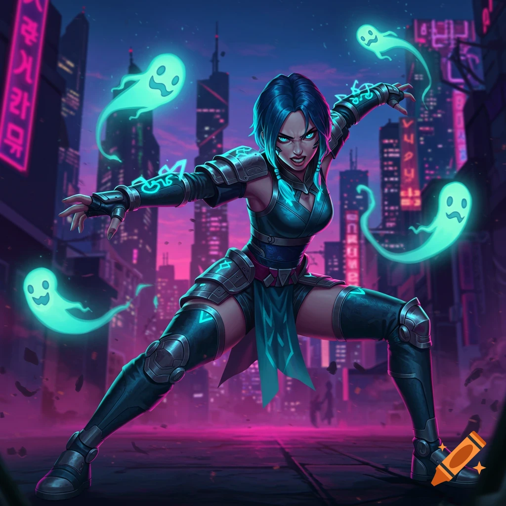 A fierce female warrior with blue hair in armor poses aggressively in a neon-lit cyberpunk city, surrounded by glowing teal ghosts.