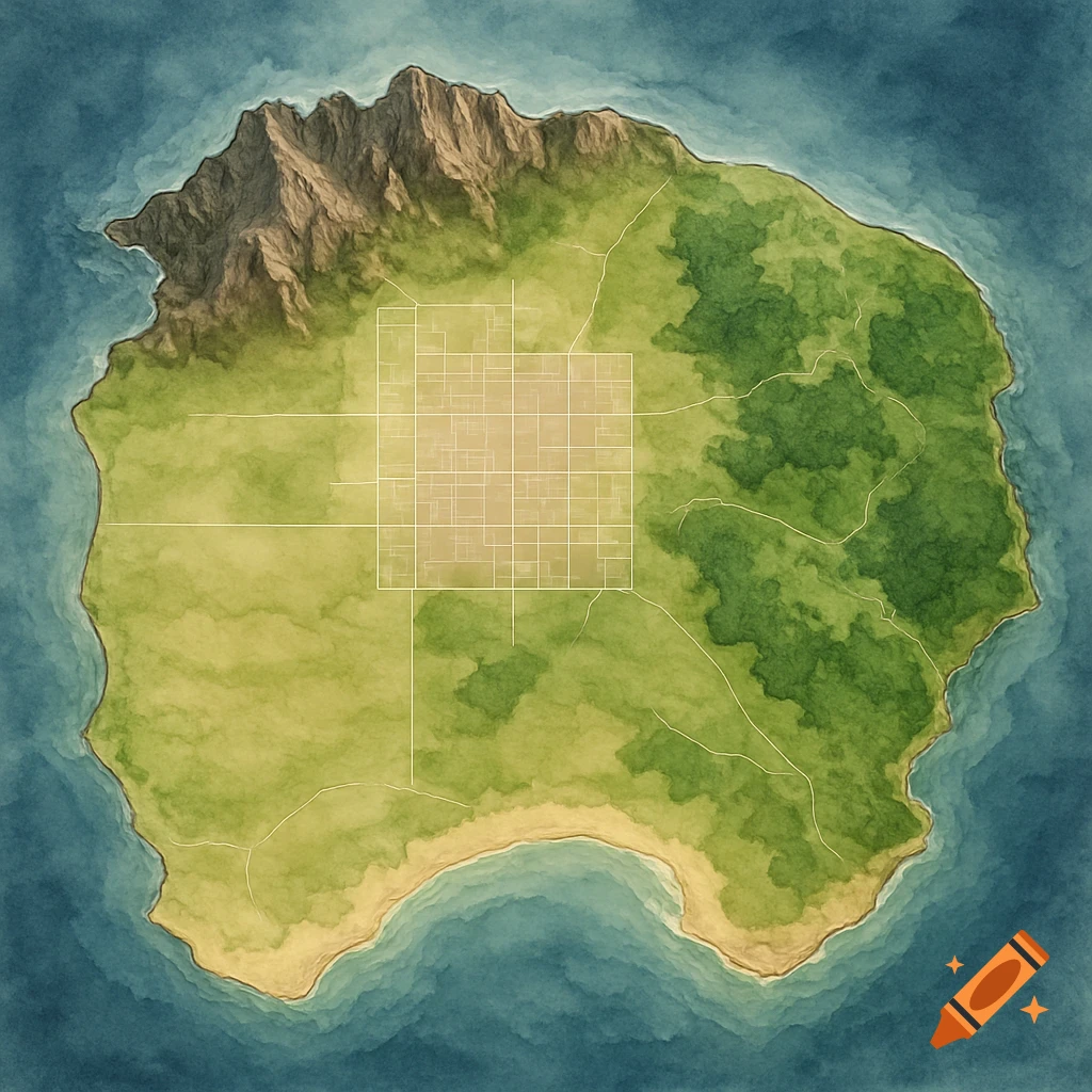 Overhead watercolor map of a green island with northern mountains, eastern forests, southern sandy beaches, and a central urban grid.