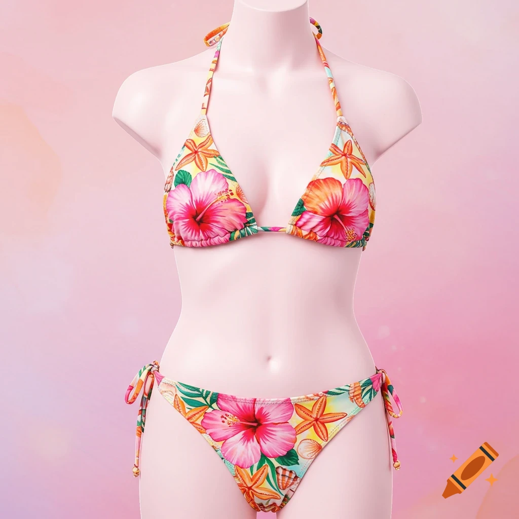 A vibrant, floral bikini with hibiscus, starfish, and seashells, displayed on a mannequin against a pink background.