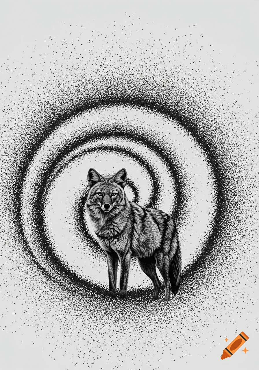 A black and white illustration of a coyote standing amidst a swirling pattern of black dots.
