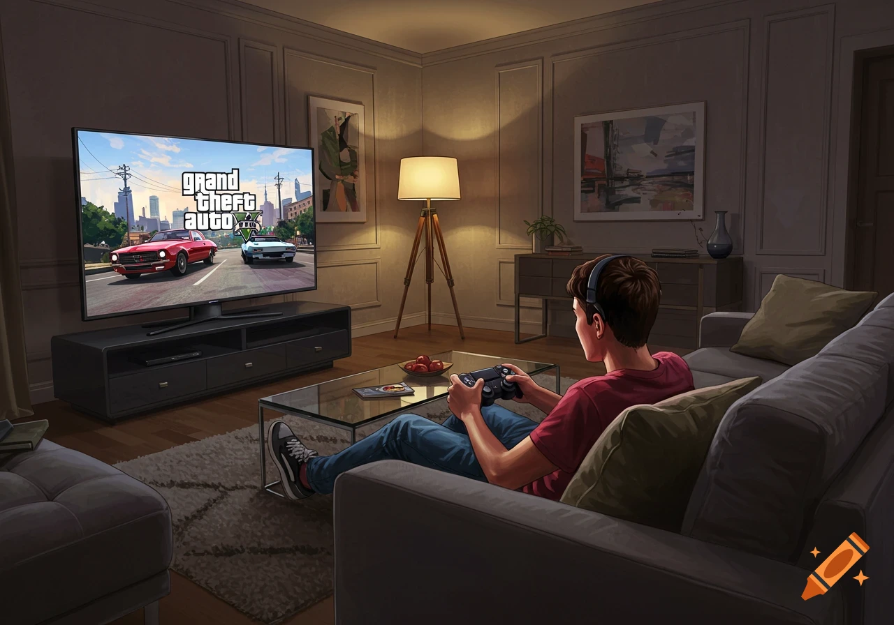 An illustrated young person with headphones plays Grand Theft Auto V on a large TV in a cozy, dimly lit living room.
