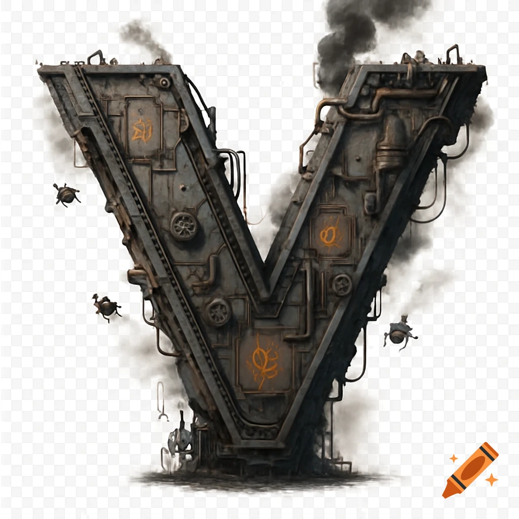 A stylized letter V, constructed from intricate metallic industrial machinery with pipes, gears, and vents, emitting smoke, against a transparent background.