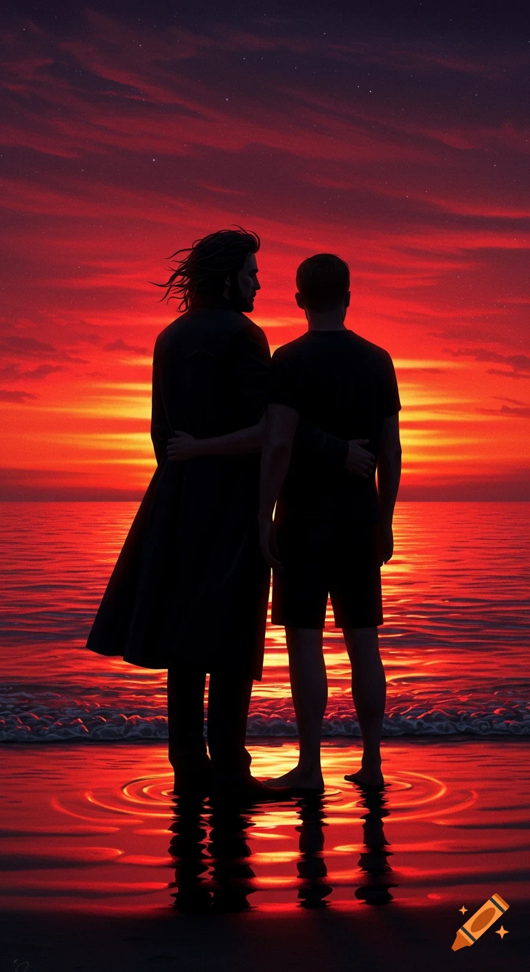 Two men in silhouette embrace on a beach, looking at a vibrant red and orange sunset reflecting on the water. Digital art.