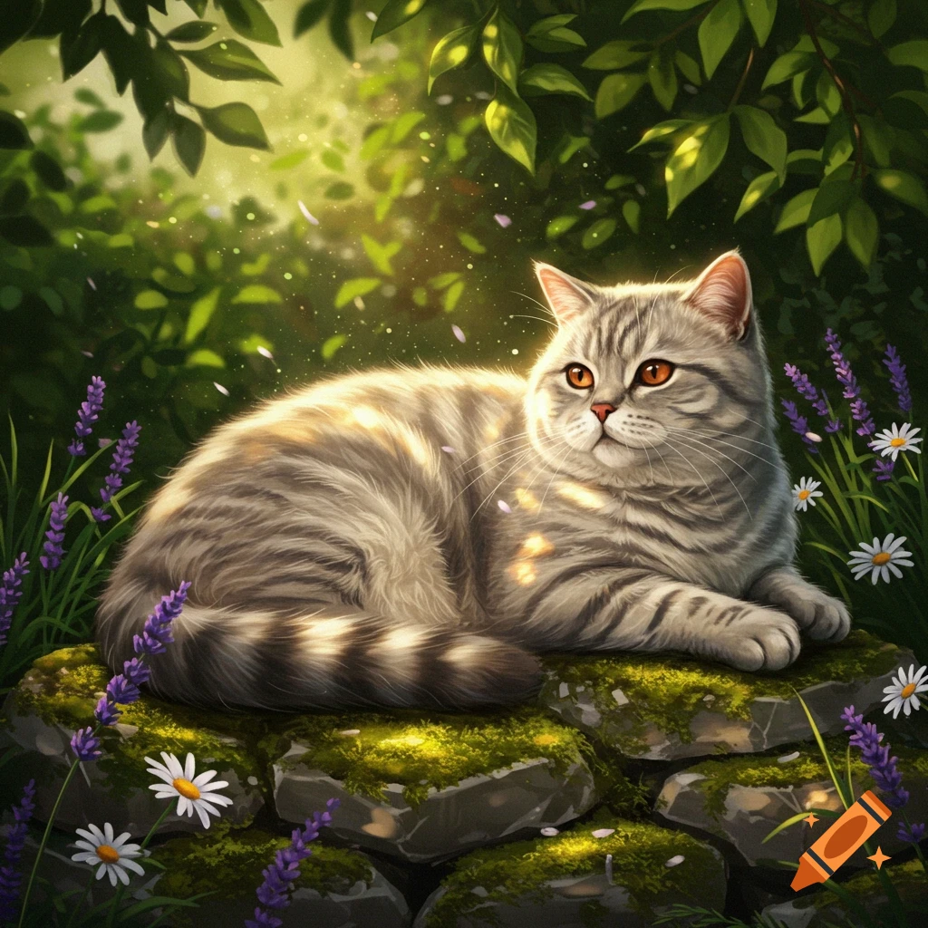 Illustrated grey tabby cat lying on mossy stones in a sunlit forest with lavender and daisies.
