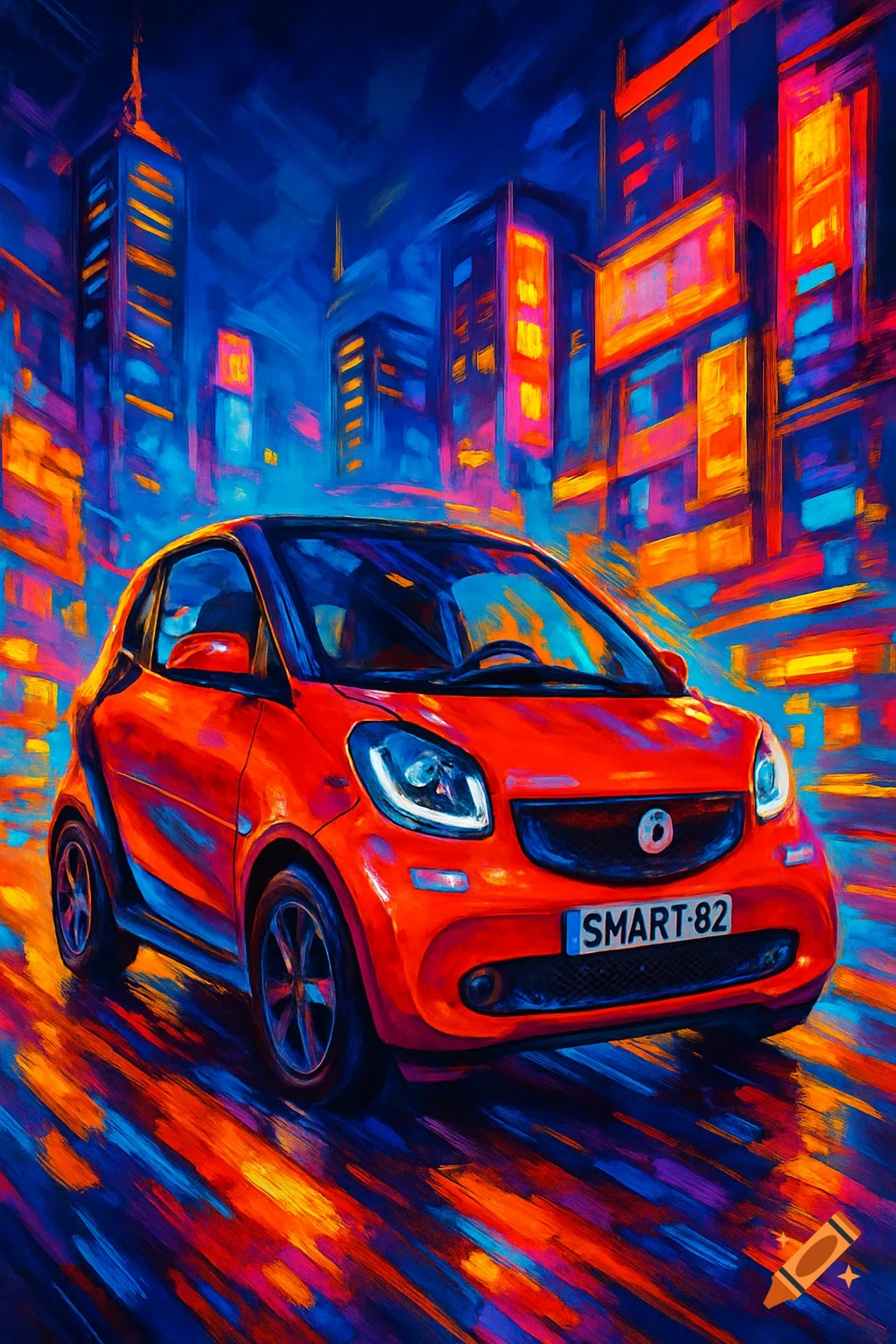Red Smart car driving through a vibrant, impressionistic city at night, depicted with bold brushstrokes and saturated neon colors.