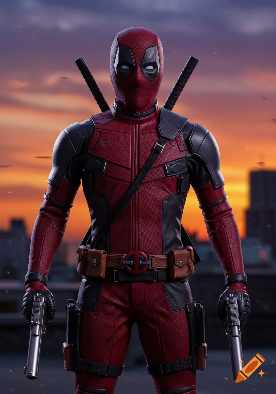 Hyper-realistic full-body shot of Deadpool in his red and black suit, holding two silver pistols, against a vibrant sunset city skyline.