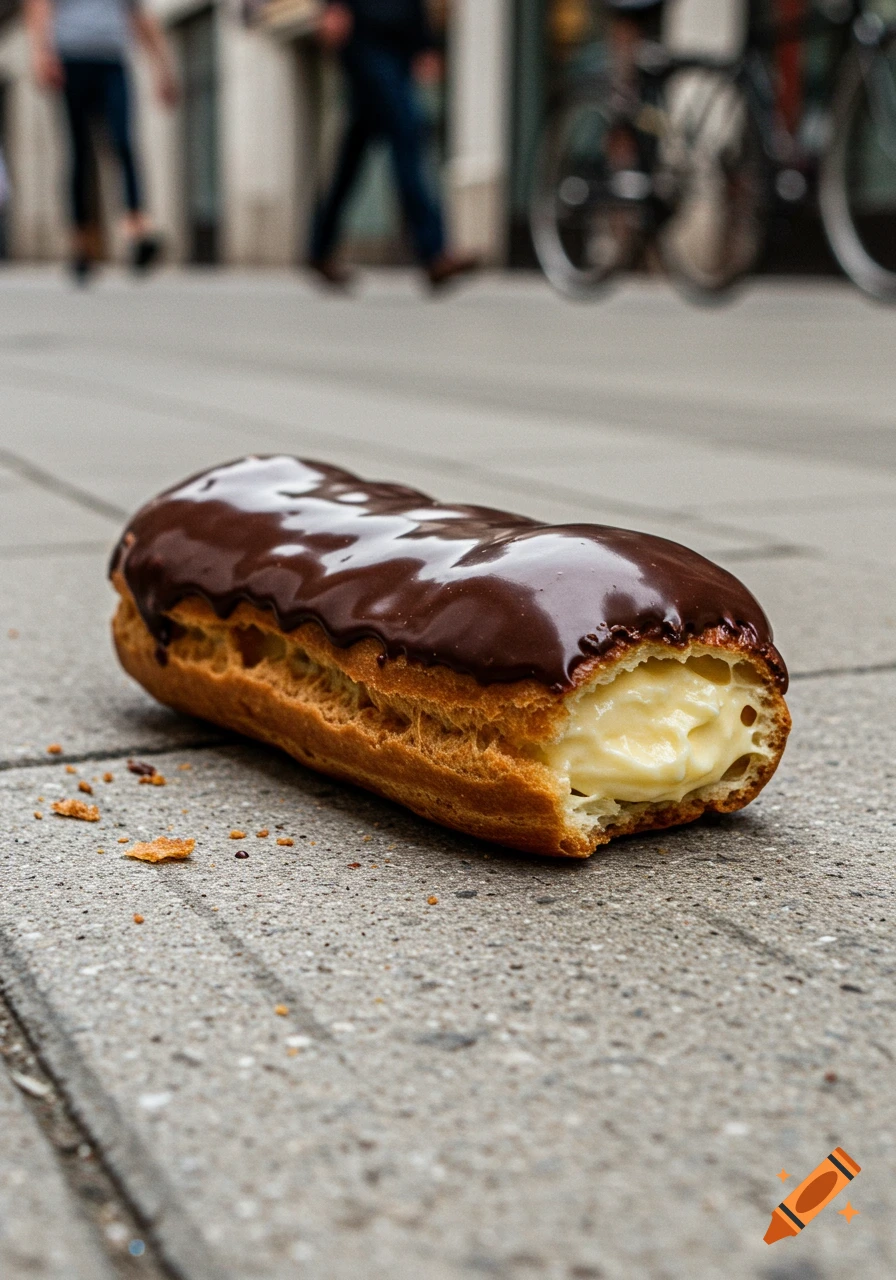 A partially eaten chocolate eclair with cream filling and chocolate frosting lies on a concrete sidewalk with blurry pedestrians in the background.