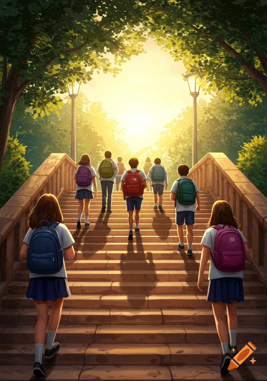 Anime-style illustration of secondary students with backpacks walking up sunlit stone stairs surrounded by green trees.