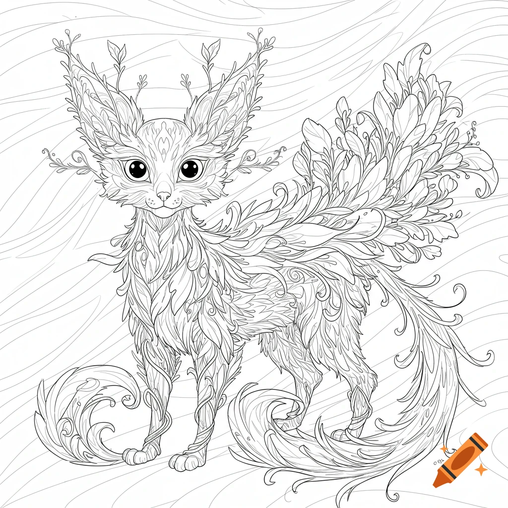 Highly detailed black and white line art of a whimsical fox-like creature made of leaves and vines, suitable for a coloring page.