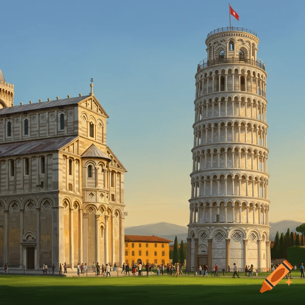 Stylized illustration of the Leaning Tower of Pisa and Pisa Cathedral with people on a green lawn under a blue sky.