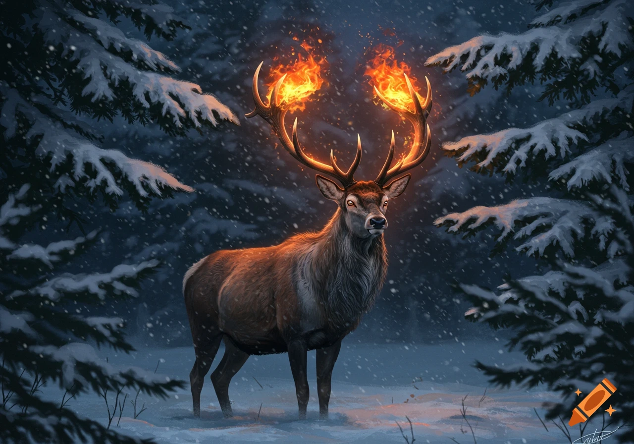 A majestic deer with flaming antlers stands in a snowy winter forest during a snowfall.
