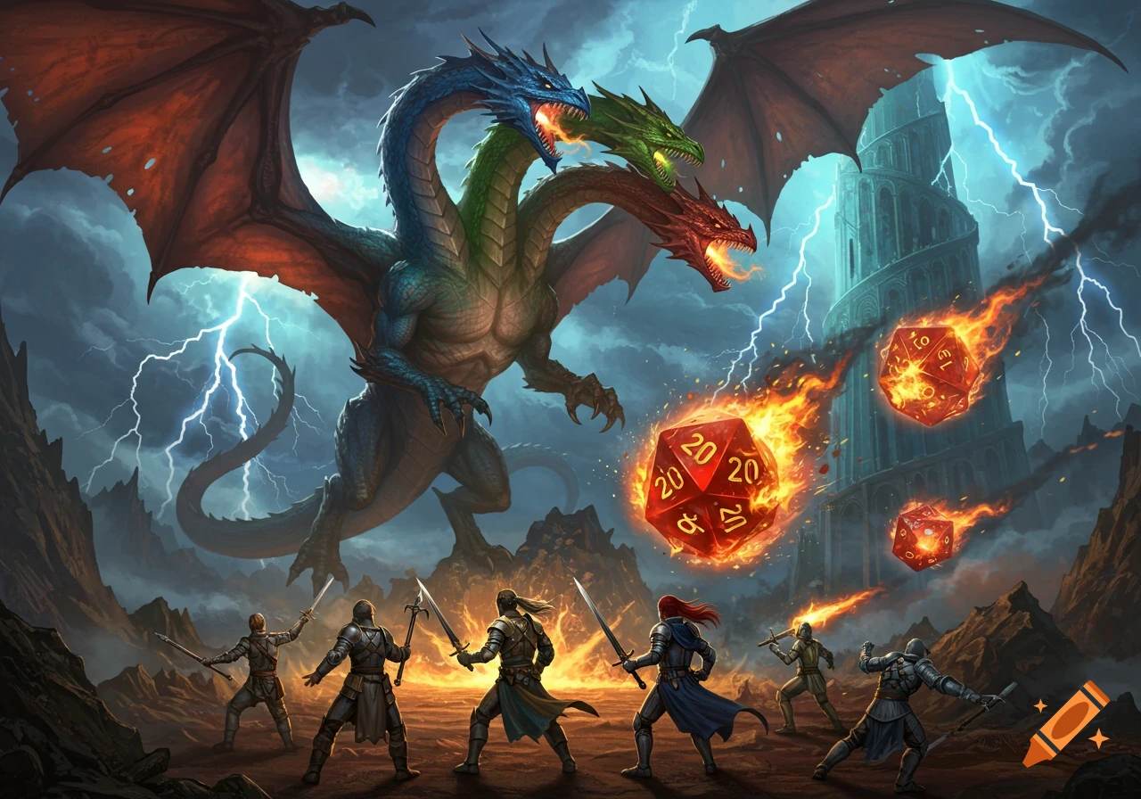 A three-headed dragon battles heroes under a lightning storm with a spiral tower, as flaming D20 dice fall from the sky.