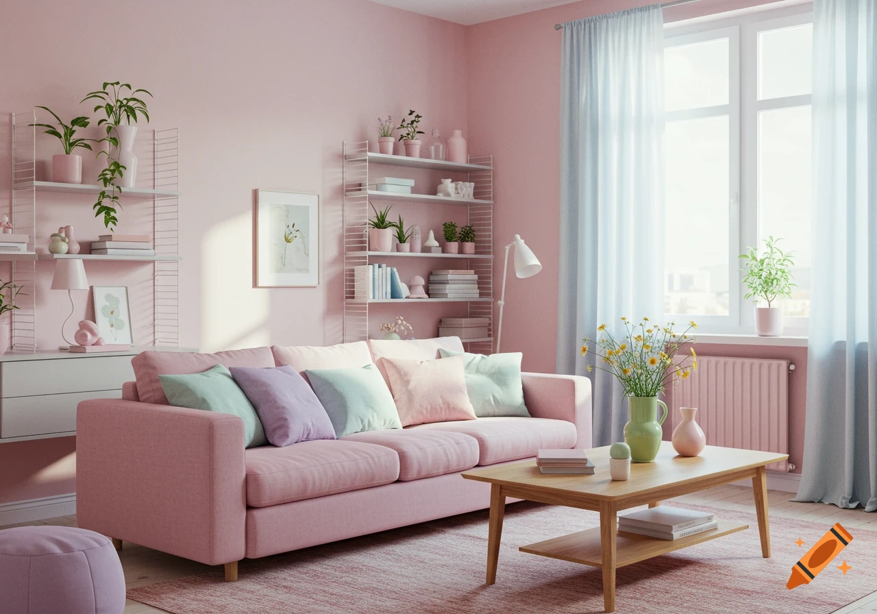 A charming pink living room with a comfortable sofa, pastel pillows, decorative shelves, a wooden coffee table, and baby blue curtains.