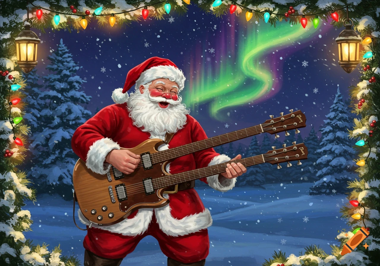 Santa Claus playing a double-neck electric guitar in a snowy landscape with Christmas lights and the Northern Lights.
