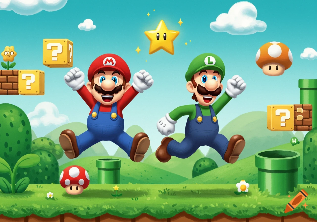 Mario and Luigi happily jump in a vibrant cartoon landscape with question blocks, mushrooms, and pipes.
