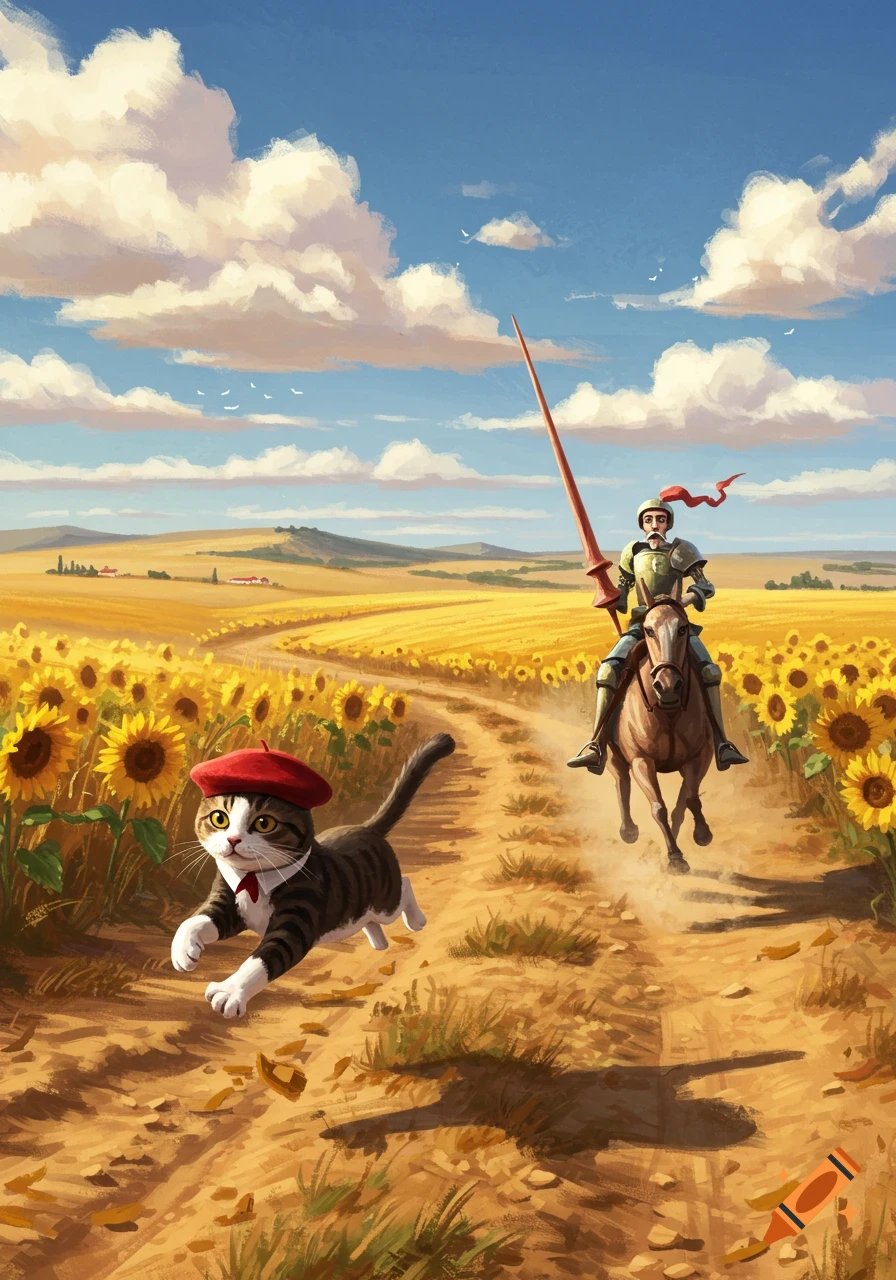 An illustrated image of a cat in a red beret running on a dirt path in a sunflower field, being chased by a knight on horseback.