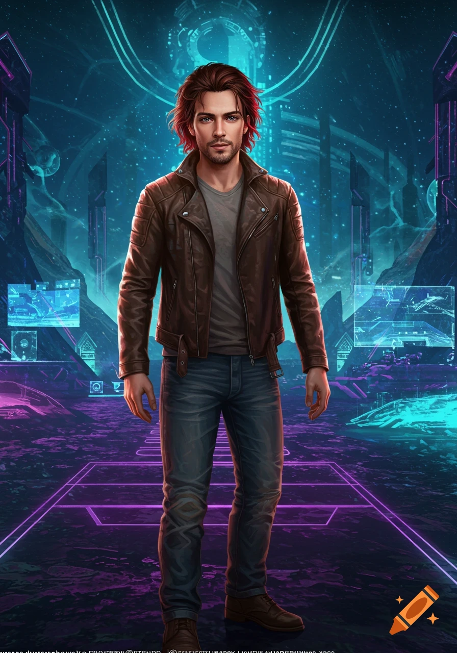 A young man with reddish-brown hair and a leather jacket stands in a neon-lit cyberpunk city, ready for adventure. Digital art style.