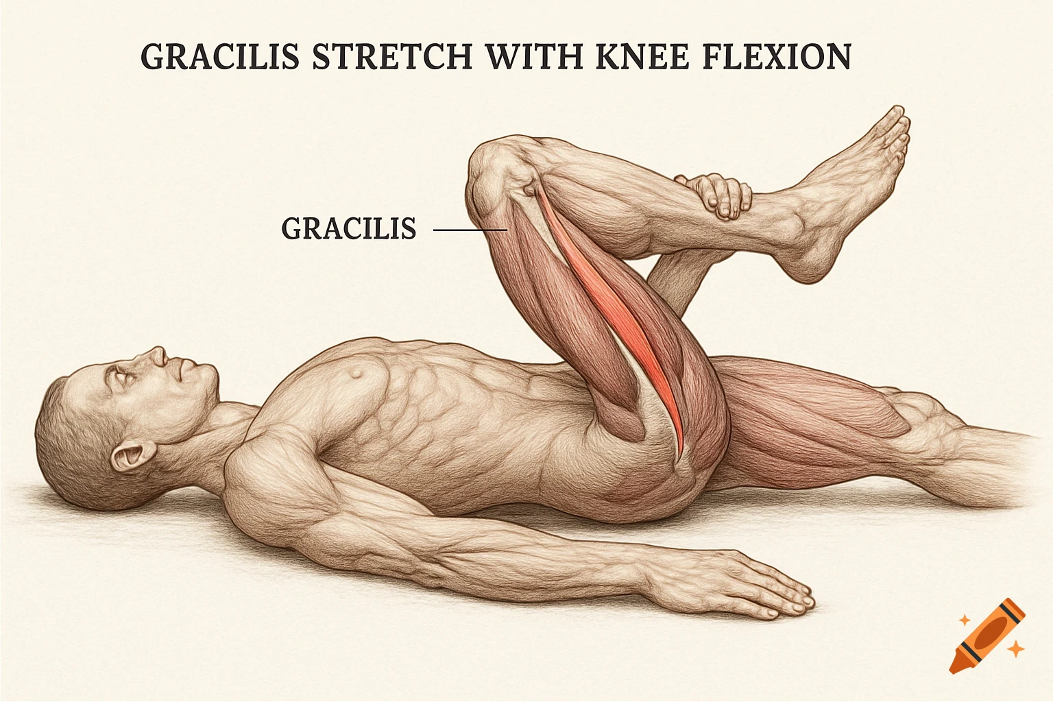 Anatomical illustration of a man performing a gracilis stretch with knee flexion, showing inner thigh muscles.