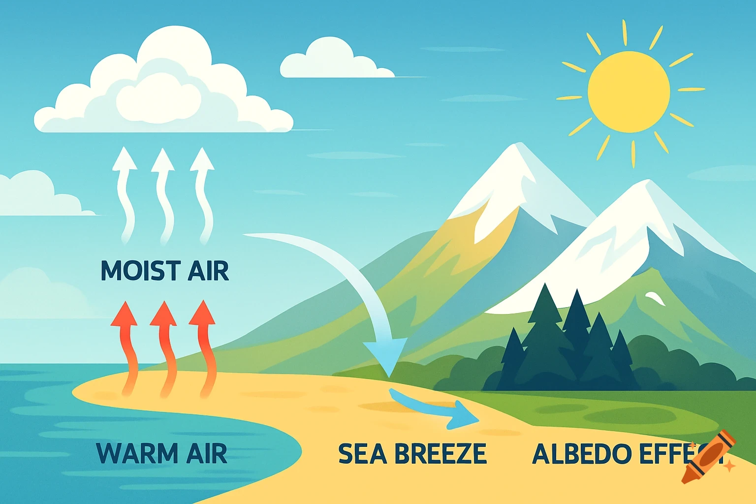 A scientific illustration depicting atmospheric phenomena: moist air rising from the sea, warm air rising from land, sea breeze, and the albedo effect on mountains.
