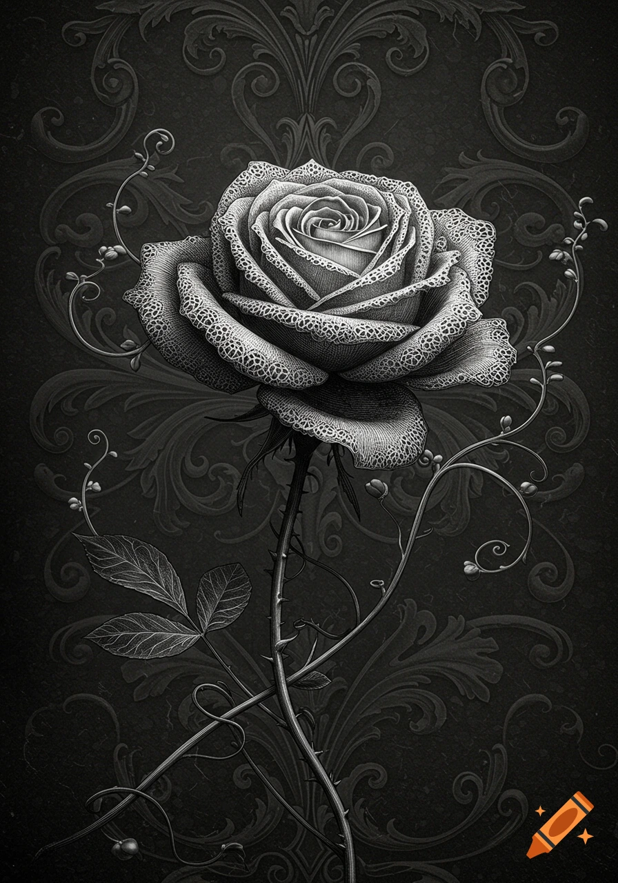 Monochrome Gustave Doré style engraving of a highly detailed rose with intricate petals and ornate dark background.