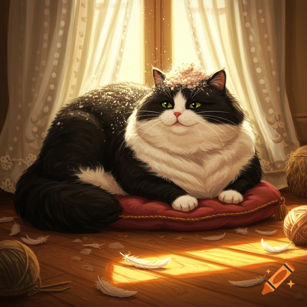 Fluffy black and white cat with white fluff on its head, sitting on a red cushion in a sunlit room with feathers and yarn.