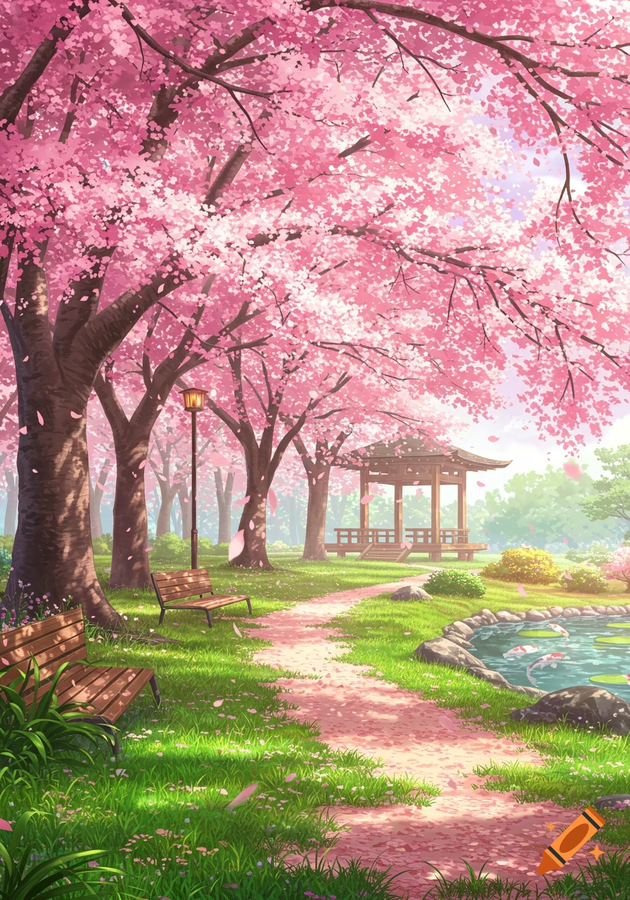 A beautiful anime-style park scene with vibrant pink cherry blossom trees, a winding path, benches, a gazebo, and a pond with koi fish.