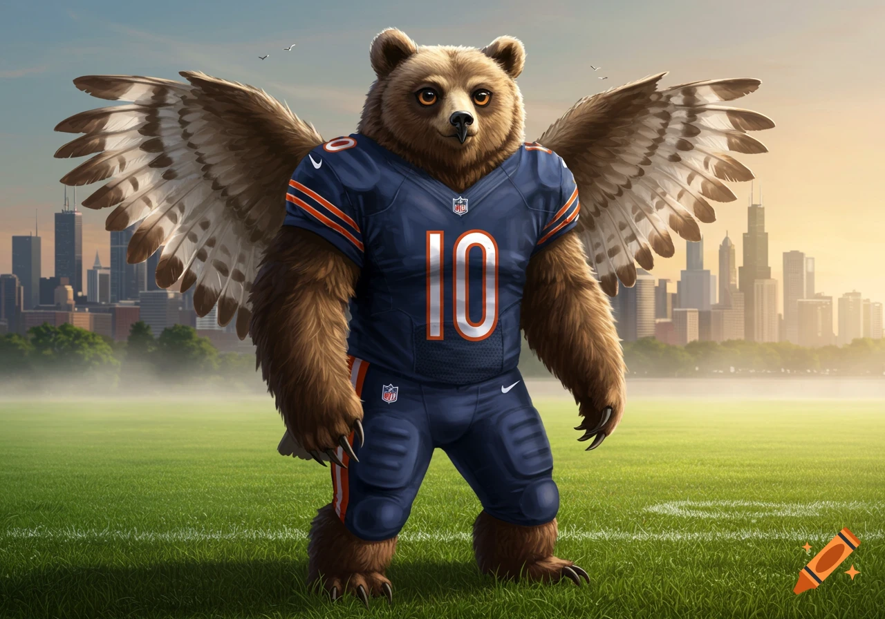 A majestic Owlbear in a blue Chicago Bears football uniform with wings stands on a grassy field before a city skyline.