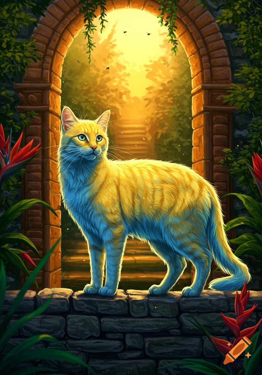 A vibrant yellow and blue cat with green eyes stands on a stone wall, looking towards a glowing archway in a lush, fantasy garden.