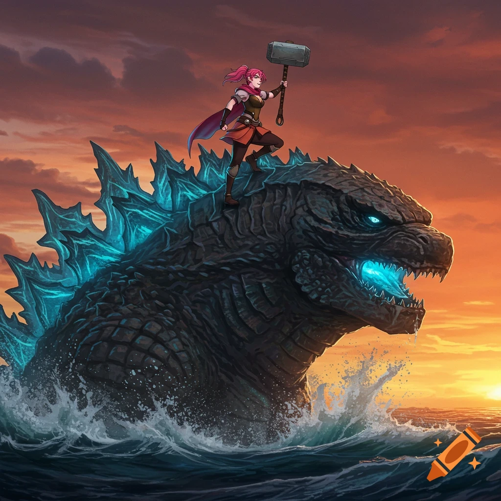 Nora Valkyrie, an anime-style character, rides atop a roaring Godzilla in the ocean under a vibrant sunset.