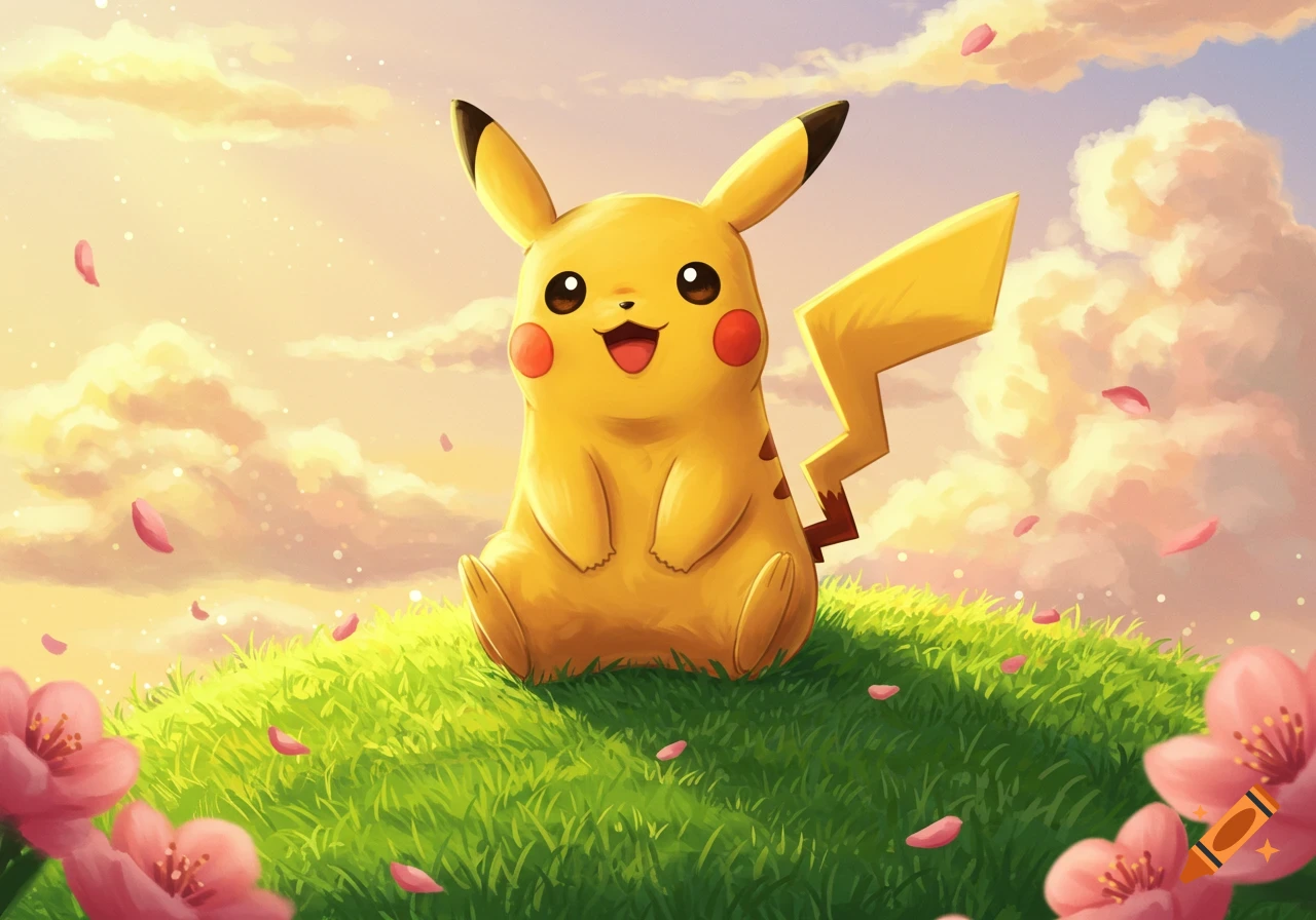Happy Pikachu sitting on a grassy hill with pink flowers under a vibrant sky with scattered petals, digital art.