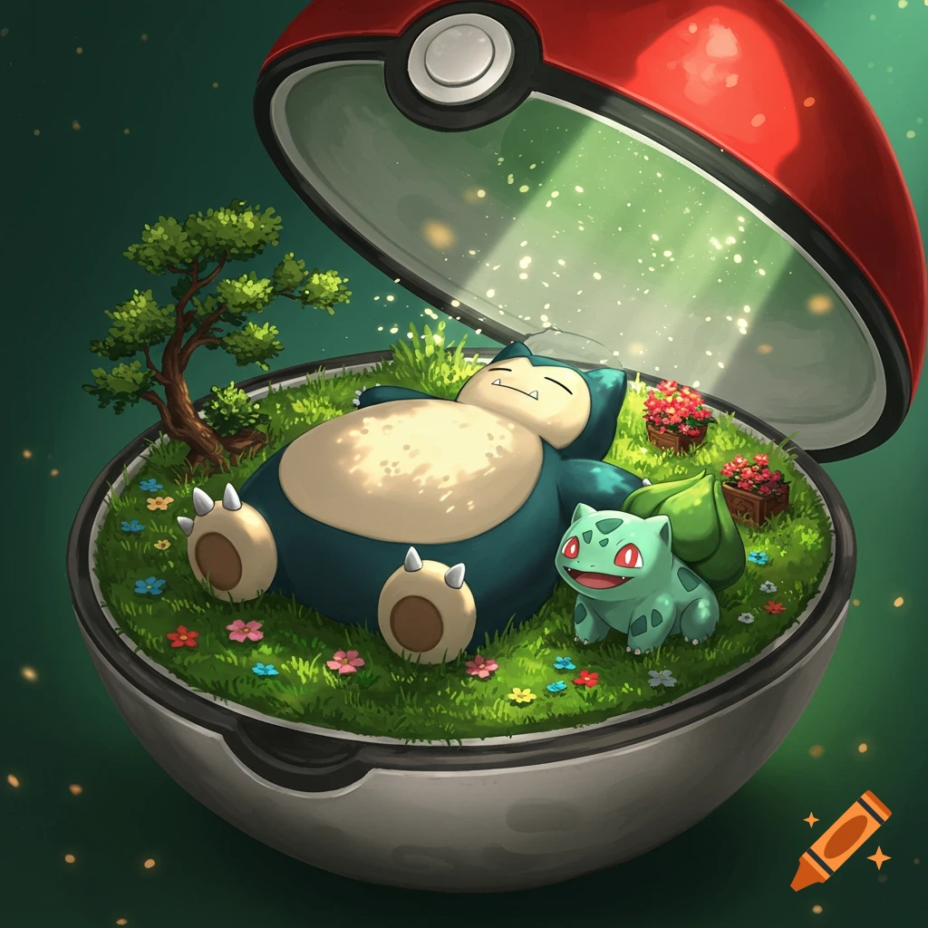 Snorlax and Bulbasaur resting in a vibrant miniature landscape inside an open Pokeball with a bonsai tree.