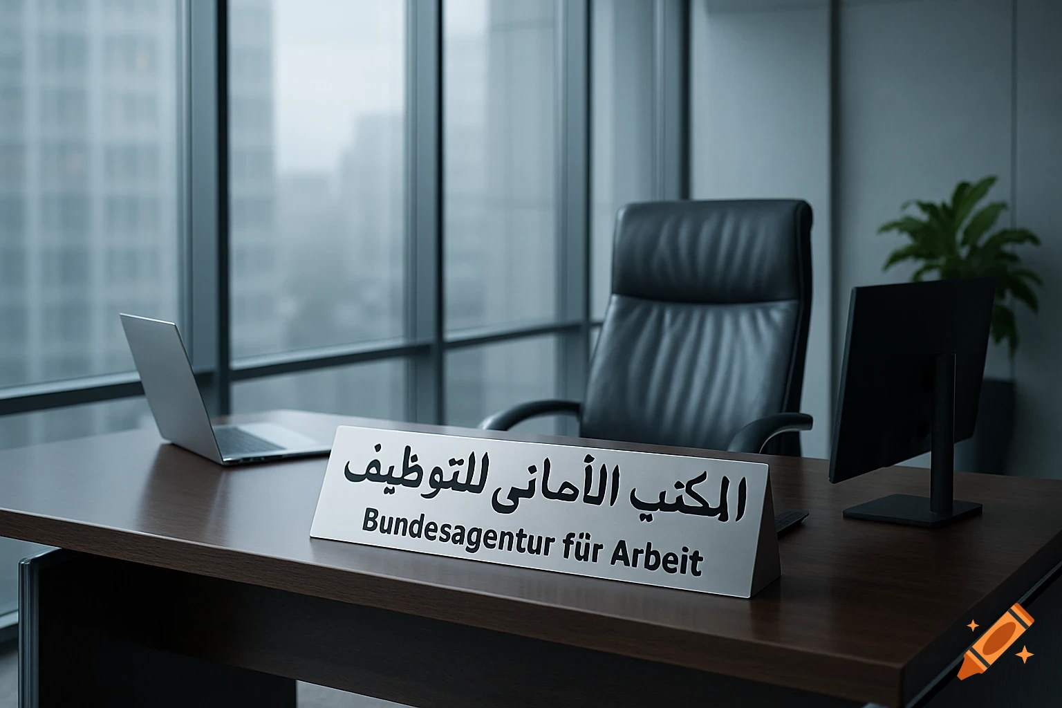 An empty, modern office desk with a laptop, office chair, and a nameplate in Arabic and German in front of a large window.
