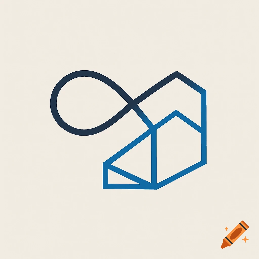 A minimalist logo featuring a dark blue infinity symbol connected to a lighter blue geometric, house-like structure on a cream background.
