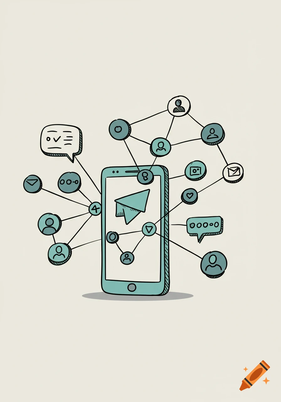 Hand-drawn illustration of a smartphone central to a network of connected social media and communication icons.
