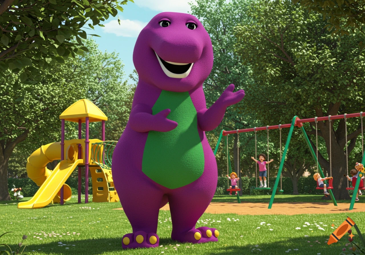 Smiling purple Barney the dinosaur stands in a green playground with children on swings and a yellow slide.