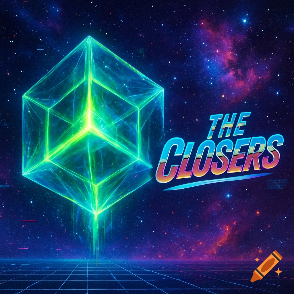 A glowing green tesseract floats above a retro grid floor in starry outer space, with the 80s-style text 'THE CLOSERS'.