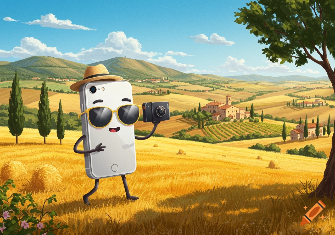Cartoon iPhone tourist in sunglasses and straw hat, holding a camera, walking through golden Italian fields with cypress trees and villas.