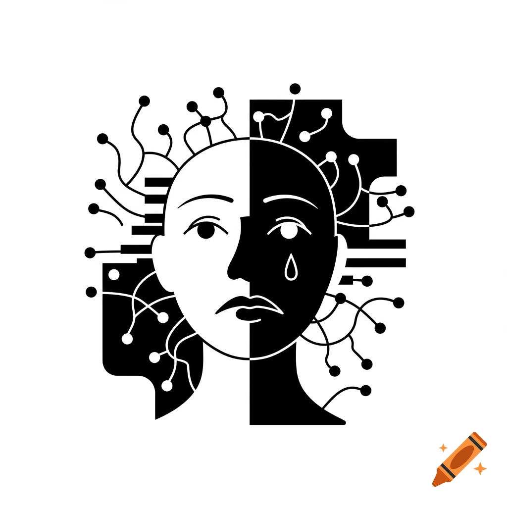 Black and white icon of a split human face, one side white, one black, with circuit board patterns and a tear, symbolizing emotions and technology.