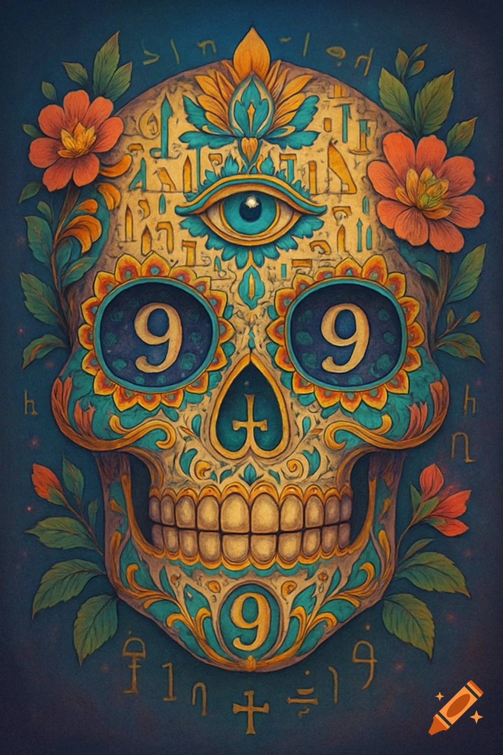 A vibrant, ornate sugar skull decorated with flowers, an all-seeing eye on the forehead, the number 9 in each eye and on the chin, and various gold hieroglyph-like symbols.