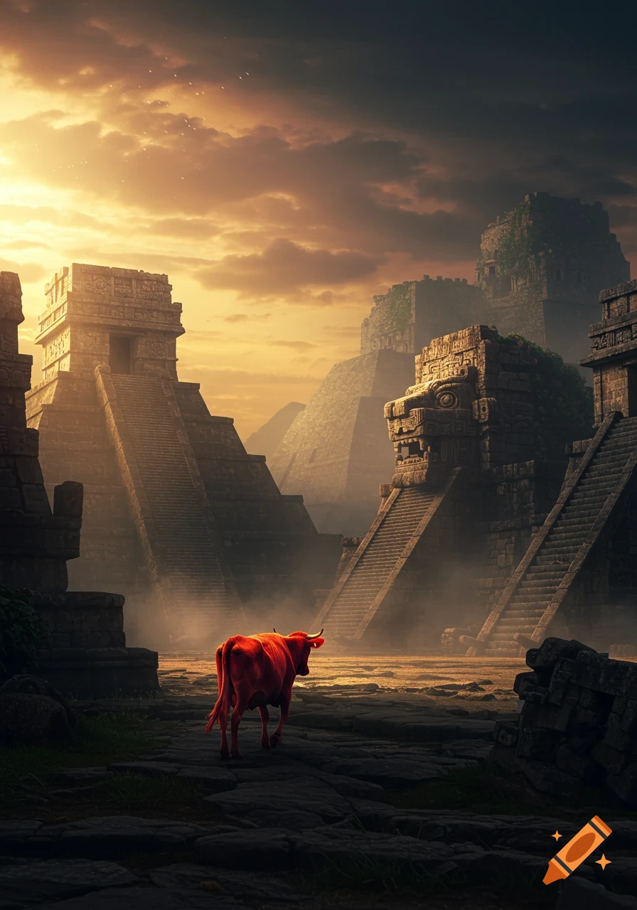 A red cow walks through a misty, ancient Mesoamerican city with large stone pyramids and temples under a dramatic sunset.