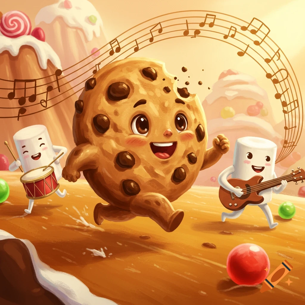 A happy cartoon chocolate chip cookie with a bite running with two marshmallow characters playing drum and guitar in a candy land.