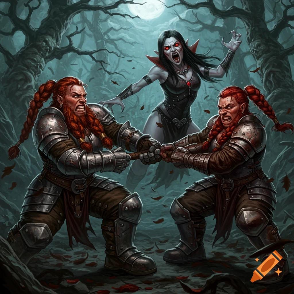 Two muscular female dwarves in armor have a tug of war with a screaming goth vampire in a dark, moonlit forest. Fantasy art.