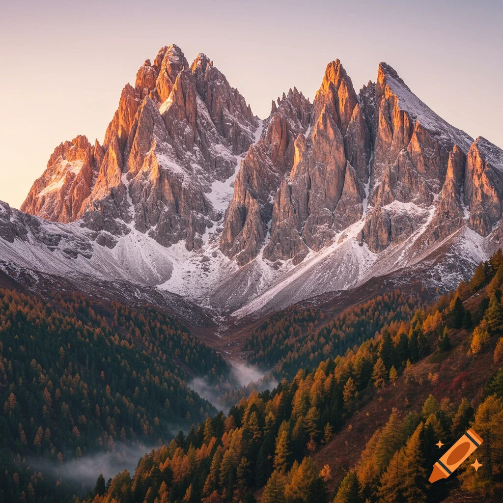 Majestic snow-capped mountains bathed in golden sunlight, overlooking a valley filled with vibrant autumn forests and mist.