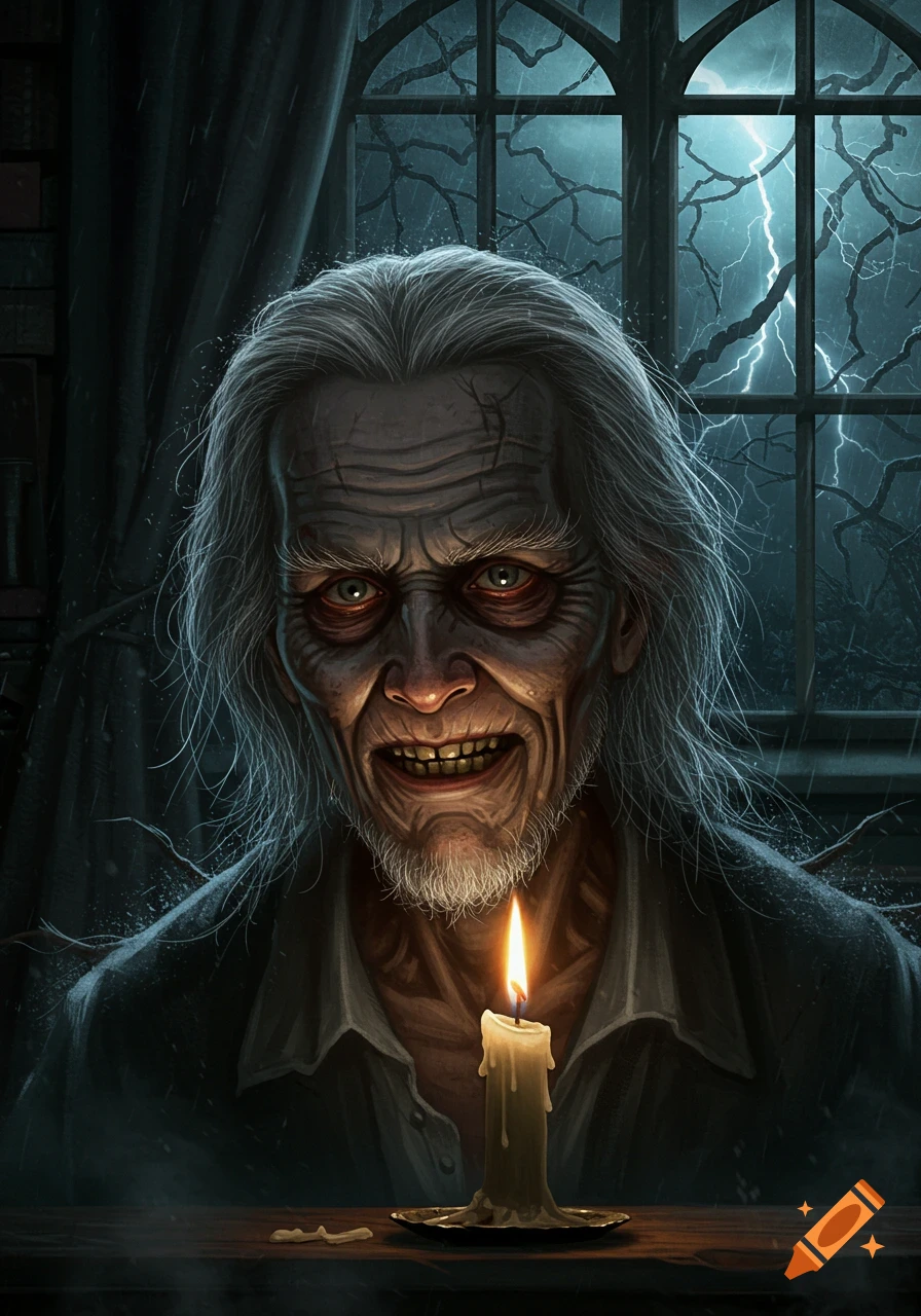 A creepy, ghoulish old man with white hair and a thin beard grins, illuminated by a candle. A stormy window with lightning is behind him.