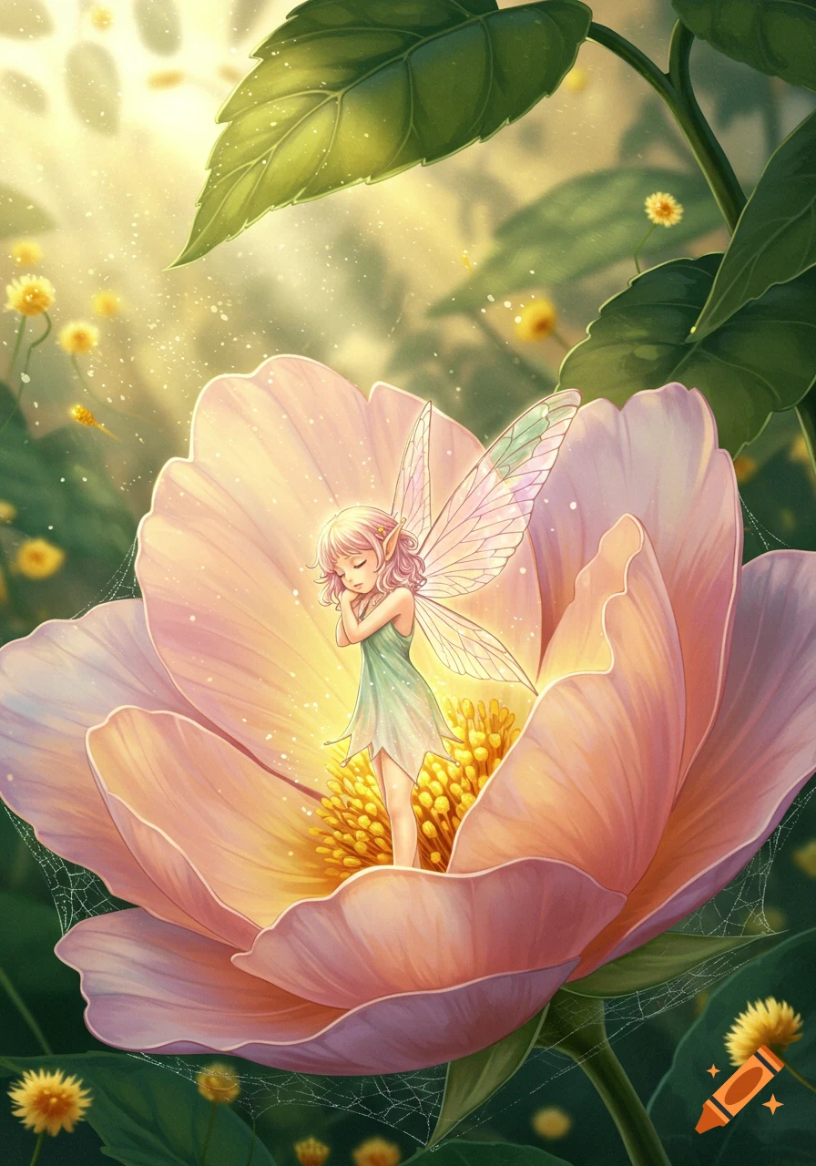 An anime-style fairy with pink hair and translucent wings sleeps within a large pink flower, bathed in soft golden light.