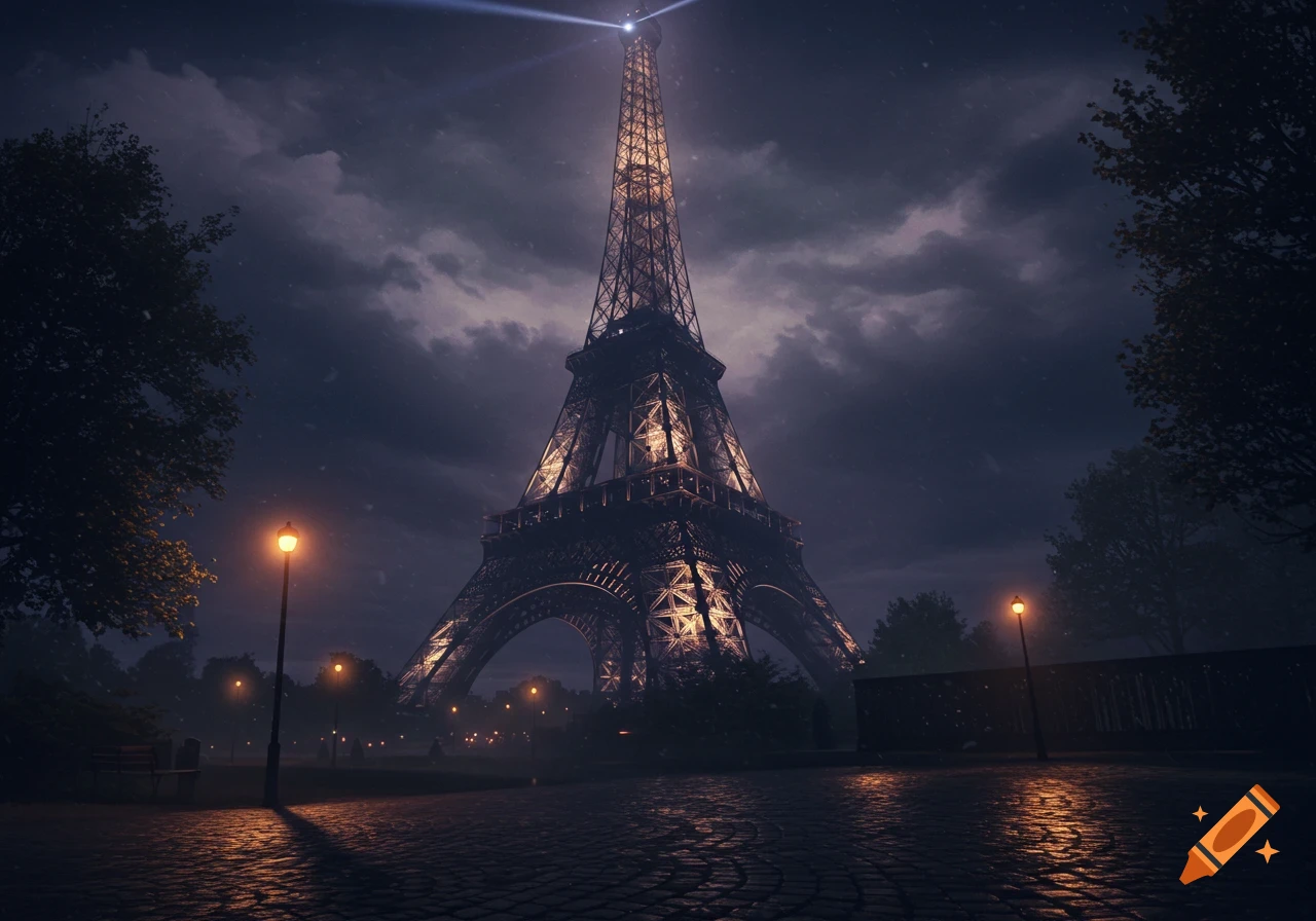 Illuminated Eiffel Tower at night, viewed from a cobblestone path with streetlights under a dark, cloudy sky. Photorealistic.