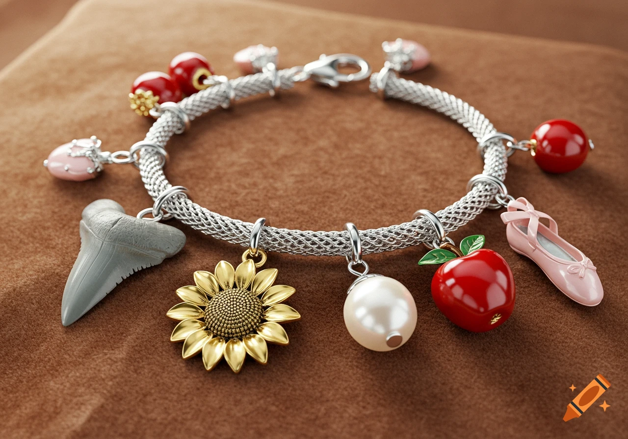 A photorealistic charm bracelet on a brown surface, featuring charms including a shark tooth, sunflower, pearl, red apple, and pink ballet slipper.