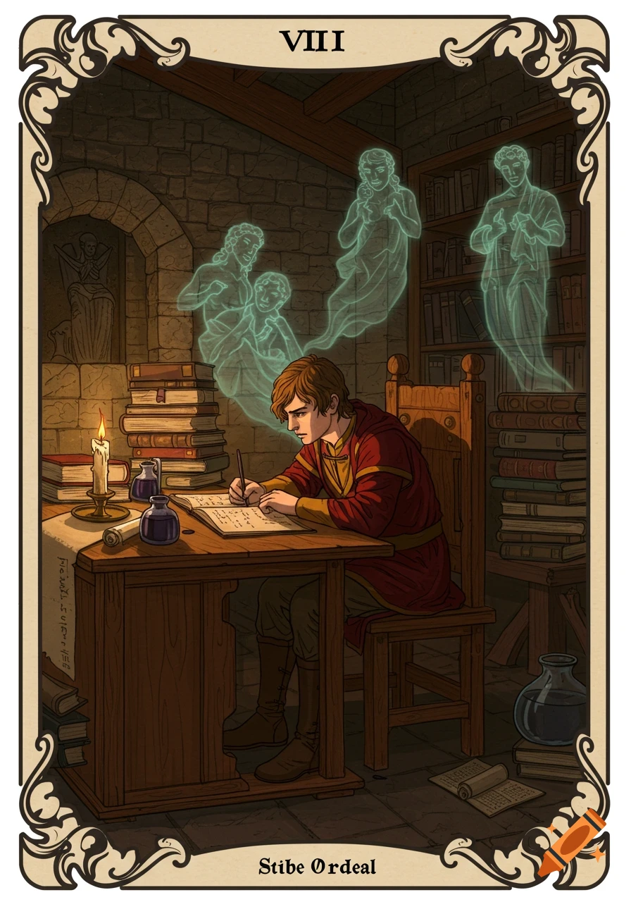 A student in a red and gold robe writes at a wooden desk, surrounded by stacks of books and several translucent blue ghosts, all framed by an ornate border.