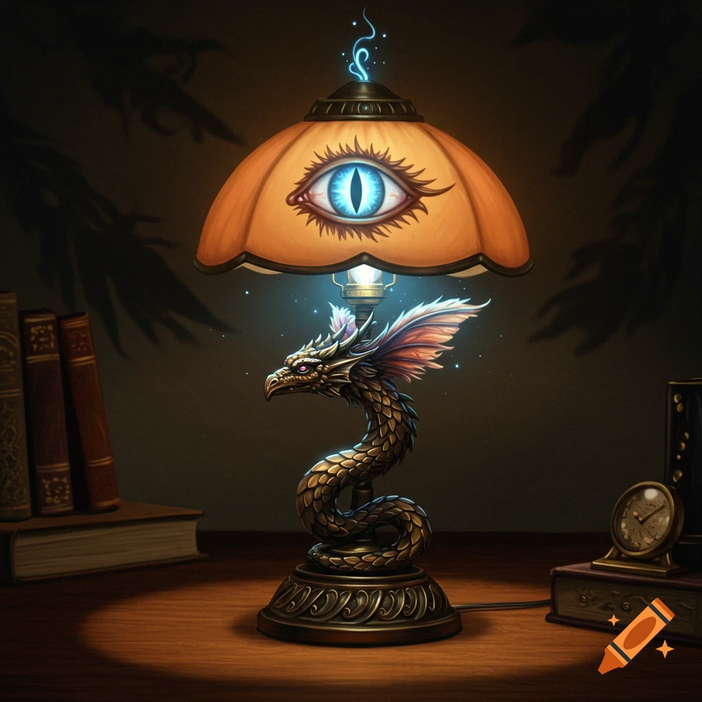 A mystical fantasy lamp with a golden dragon base and an all-seeing blue eye on its orange shade, glowing on a dark wooden desk.