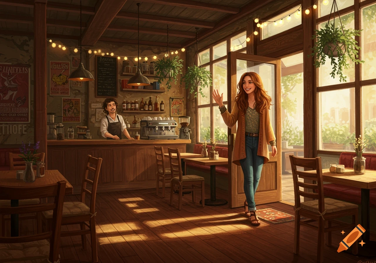 A young woman with long red hair waves while entering a sunlit coffee shop, greeting a male barista behind the counter, in an inviting illustrative style.